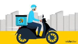 vector graphic showing an illustration of a mr. delivery courier riding a scooter through a city on the way to an order dropoff