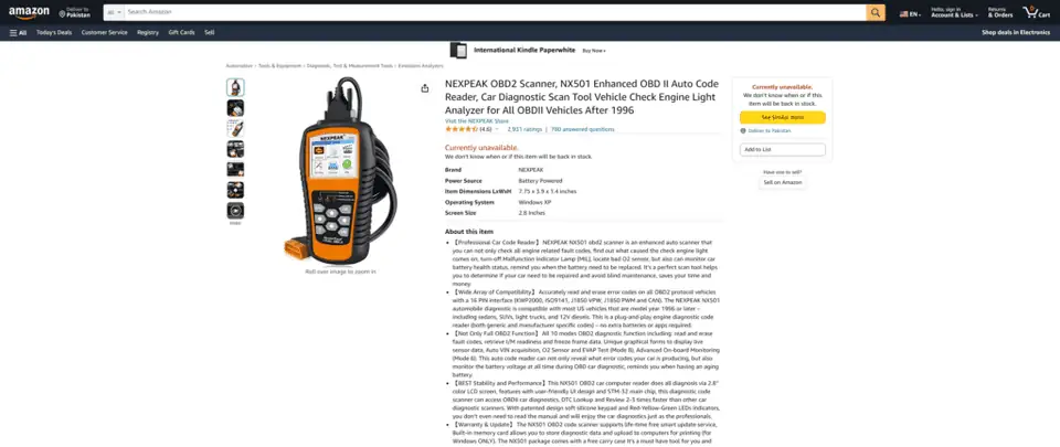 A screenshot of the nexpeak NX501 diagnostic scanner homepage