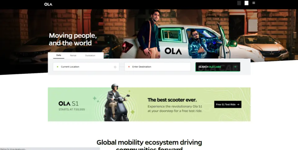 screenshot of the ola cabs homepage
