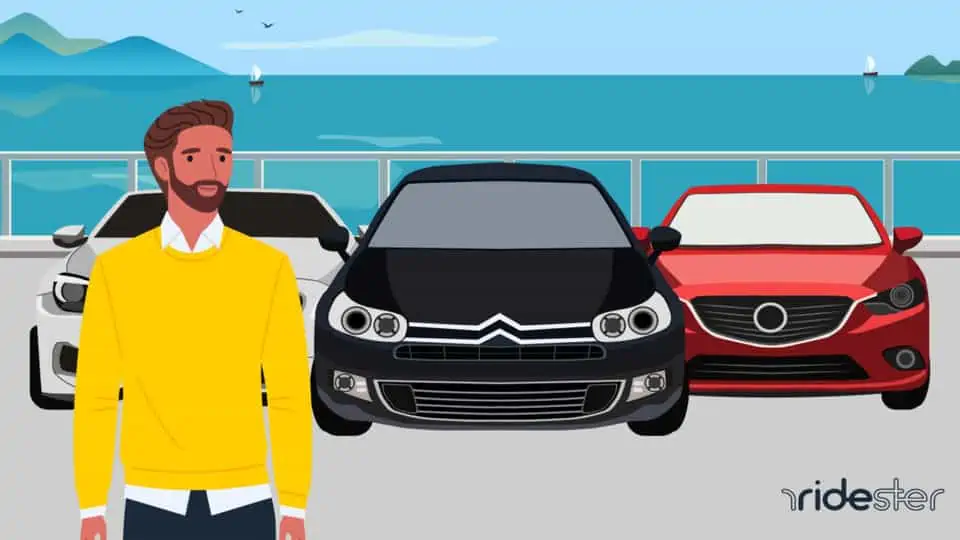 vector graphic showing a man standing in front of personal car rentals vehicles