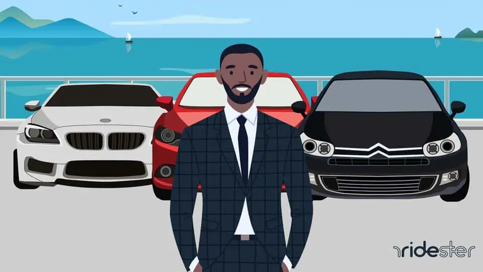 vector graphic showing a man standing in front of personal car rentals vehicles