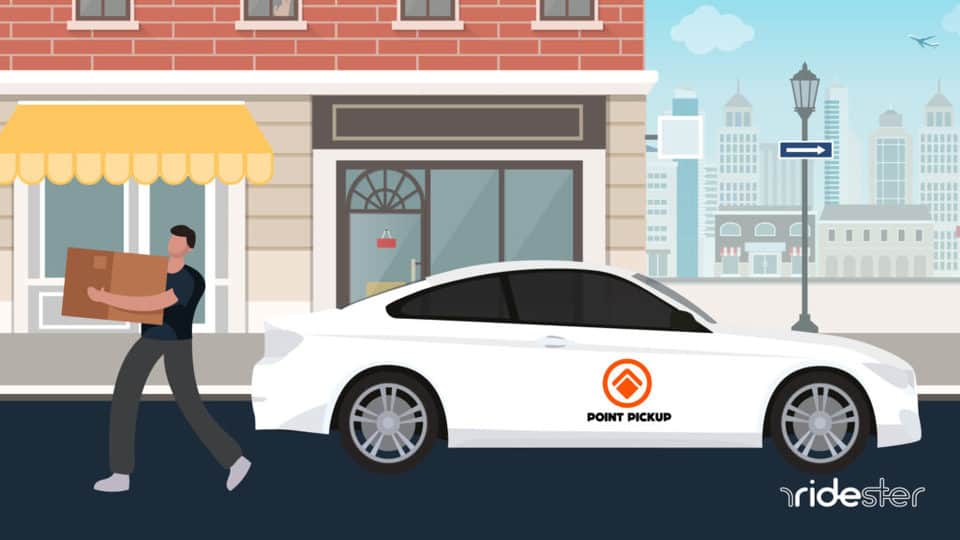 vector graphic showing a point pickup driver in the middle of a customer order dropoff