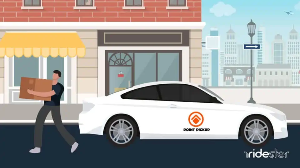 vector graphic showing a point pickup driver in the middle of a customer order dropoff