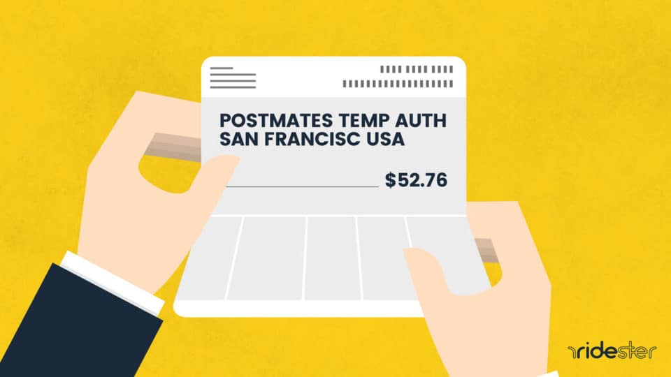 vector graphic showing a hand holding a paper that shows a bank statement with a postmates temp auth charge on it