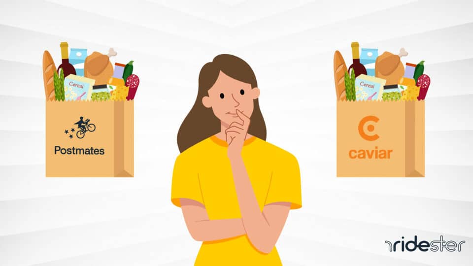 vector graphic showing a confused-looking woman wondering about the postmates vs caviar debate