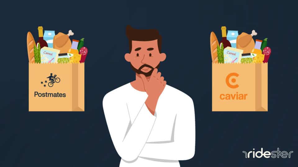 vector graphic showing a confused-looking woman wondering about the postmates vs caviar debate