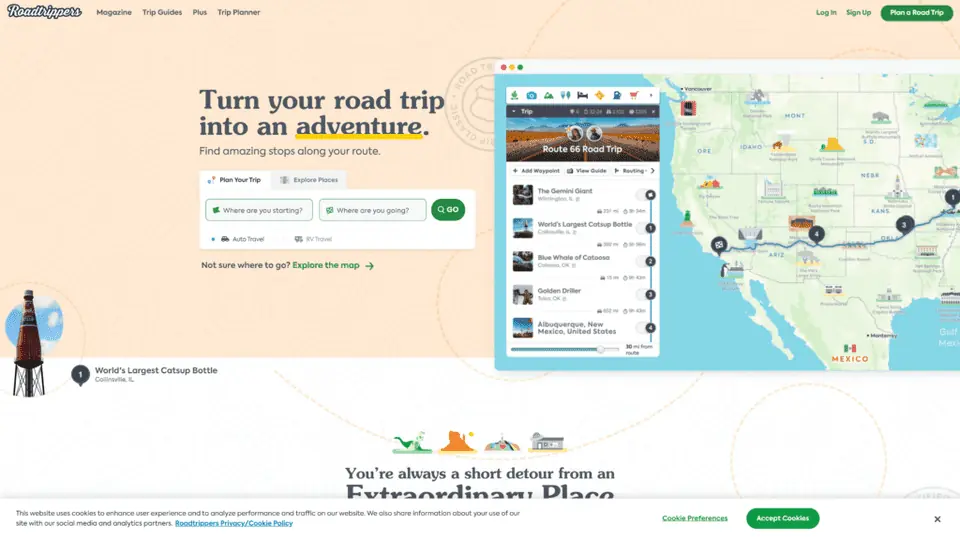 A screenshot of the road trippers homepage