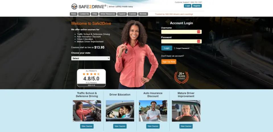 screenshot of the safe2drive homepage