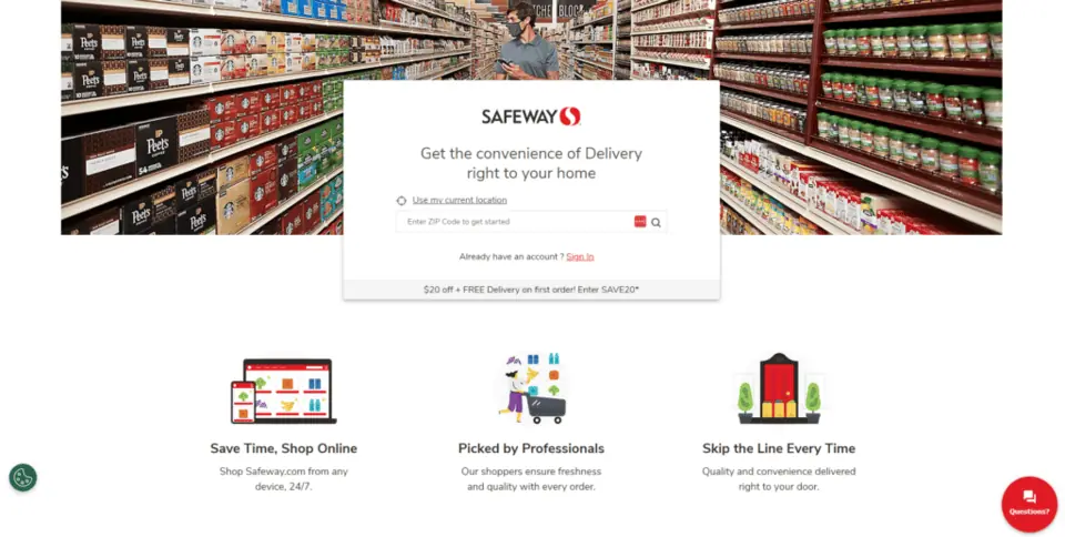 screenshot of the safeway delivery homepage