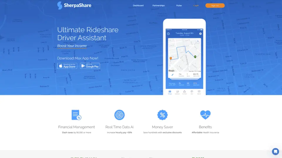 A screenshot of the sherpashare homepage