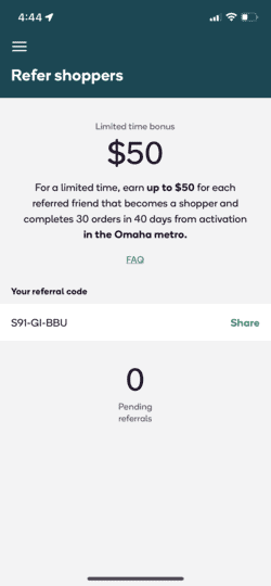 a screenshot of the Shipt Shopper refer shoppers tab within the Shipt Shopper app
