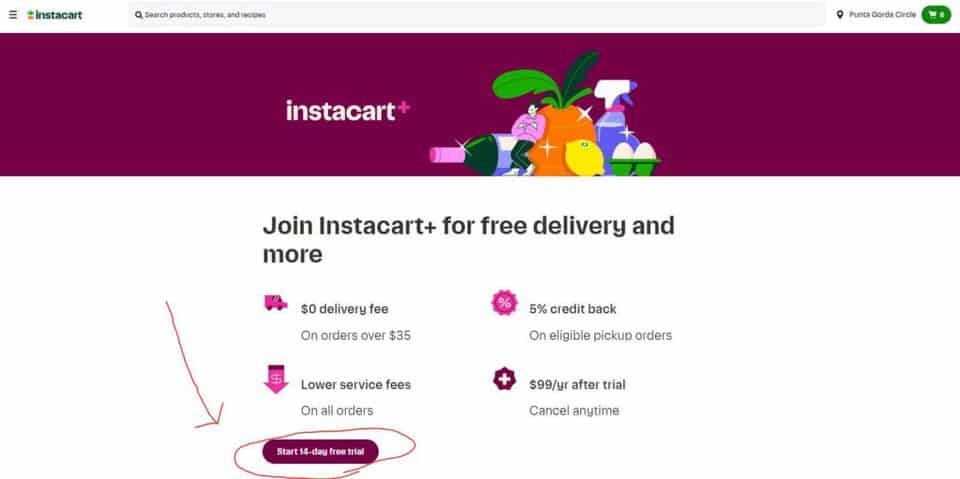 screenshot showing how to sign up for Instacart Plus