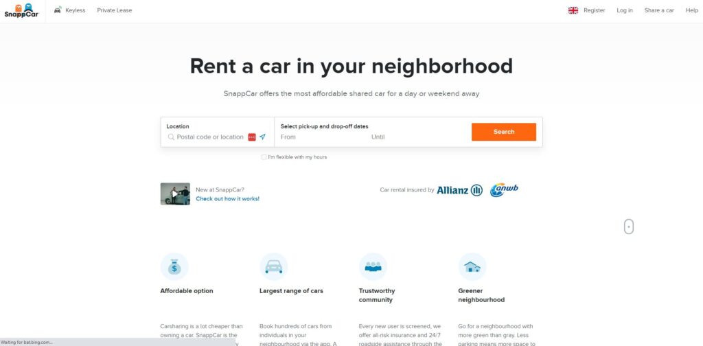 screenshot of the snappcar homepage