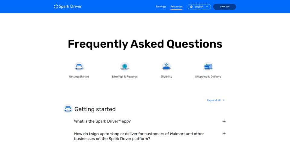 a screenshot of the spark driver FAQ page