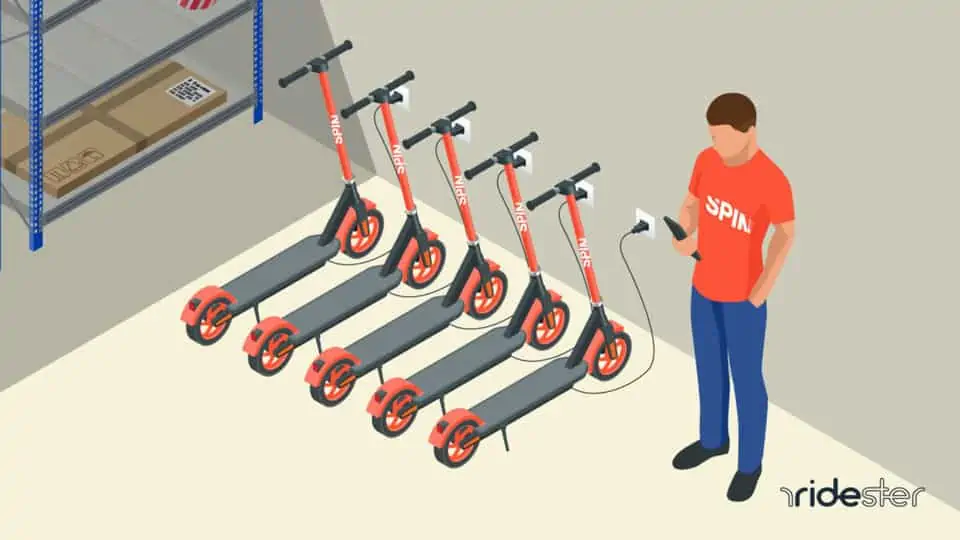 vector graphic showing a spin charger standing next to a row of electric scooters that are plugged in at a warehouse