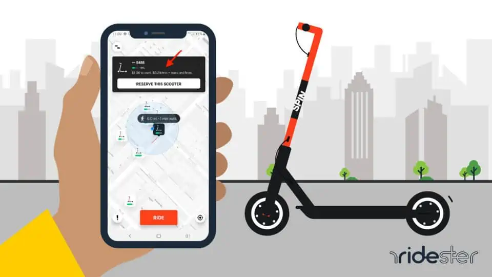 vector graphic showing an illustration of the spin scooter cost - a price quote on the screen of a smartphone being held in a hand in front of spin scooter on a sidewalk