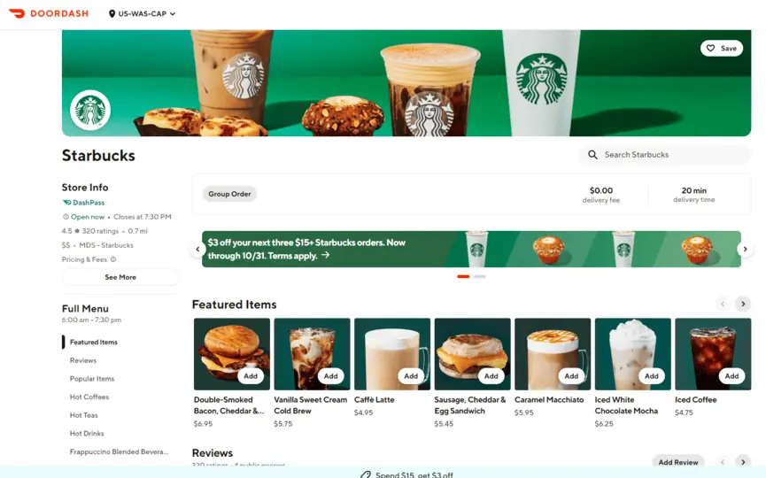 image showing a screenshot of the starbucks order screen on doordash.com