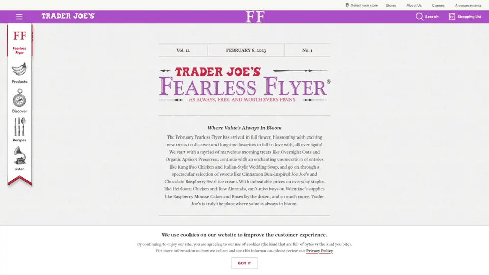 A screenshot of the trader joes homepage