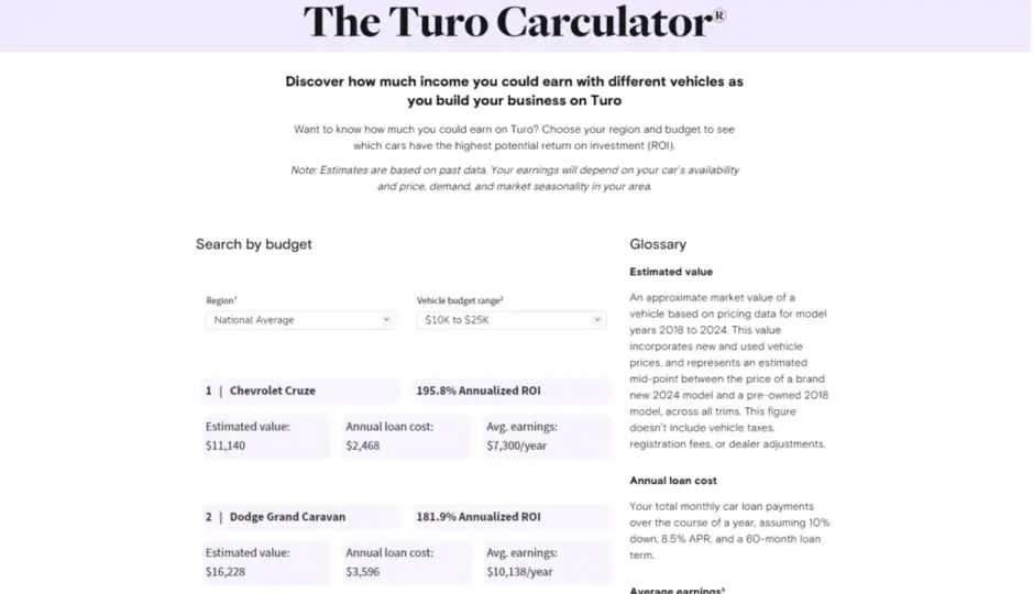 a screenshot of the Turo carculator