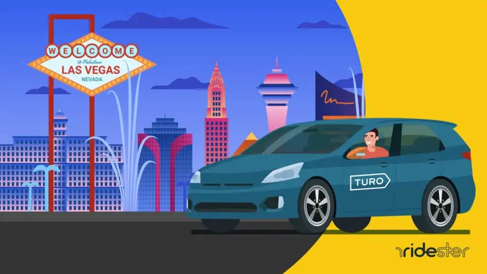 vector graphic showing a turo las vegas graphics - a turo vehicle driving in front of the welcome to las vegas sign