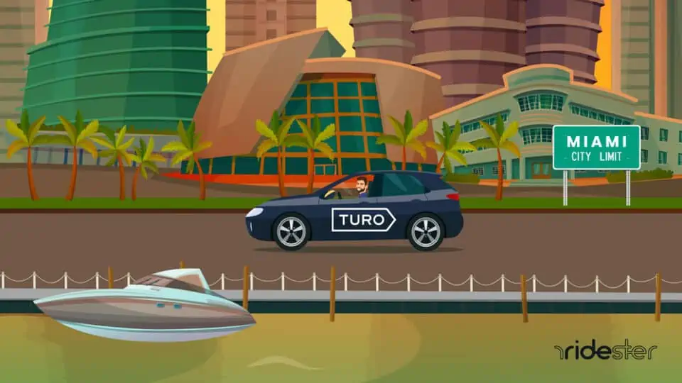 vector graphic showing turo miami vehicles inside the city driving down a street
