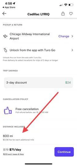 A screenshot of a Turo listing, showing Turo mileage limits on the screen