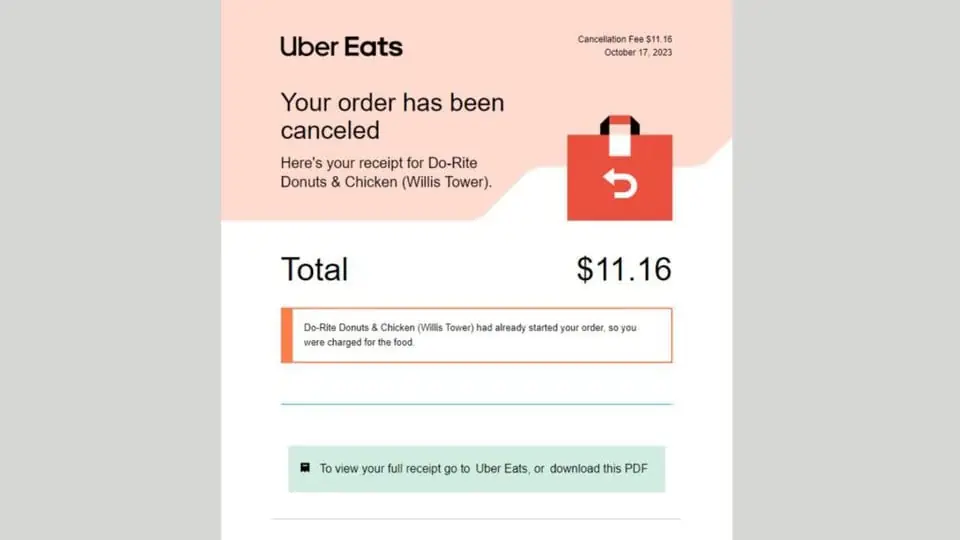 graphic showing a screenshot of an Uber cancellation fee on a cancelled order