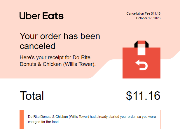Uber eats receipt for a cancelled Uber Eats order