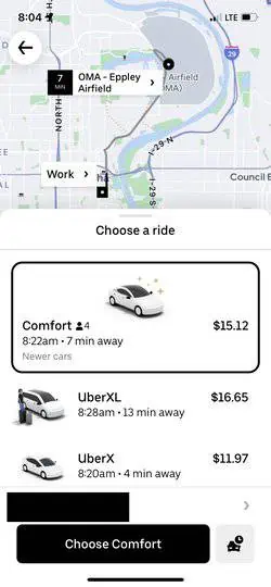 screenshot of Uber Comfort pricing within the Uber rider app