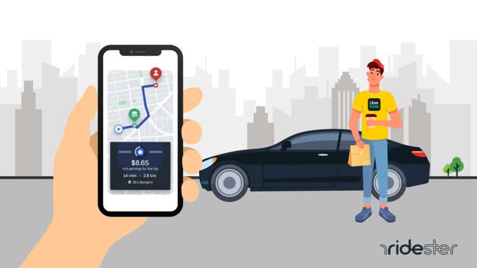 vector graphic showing a hand holding an uber eats driver app in front of a city skyline