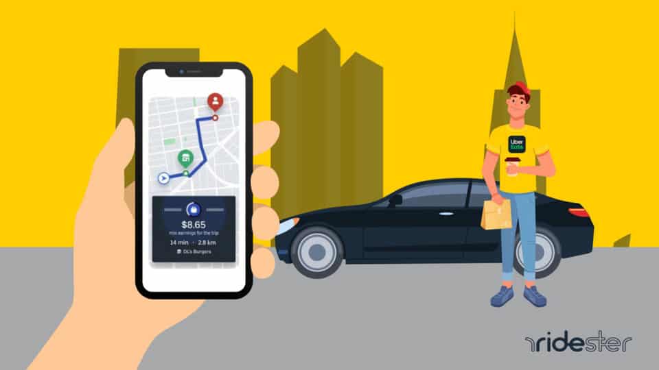 vector graphic showing a hand holding an uber eats driver app in front of a city skyline