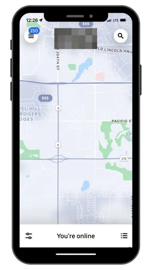 a screenshot showing the homepage map within the Uber Eats driver app