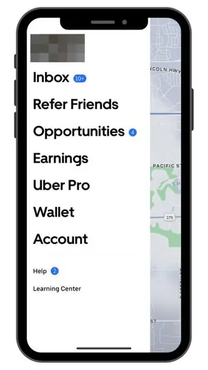 a screenshot showing sidebar menu within the Uber Eats driver app