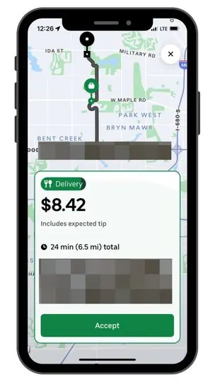 a screenshot showing an Uber Eats order request within the Uber Eats driver app