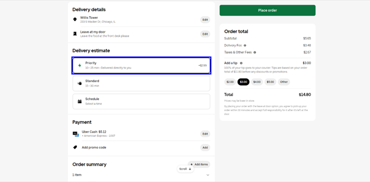 a screenshot showing the delivery fee price on an uber eats order