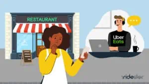 vector graphic showing a woman on the phone with Uber East merchant support at her restaurant