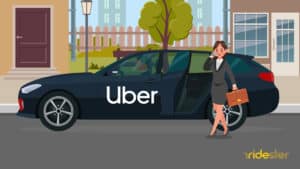 vector graphic showing an uber for business transaction - a woman getting out of an uber-branded vehicle