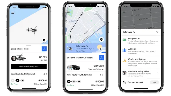 screenshot of the Uber helicopter booking screen