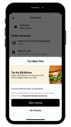 screenshot of an Uber One free trial within the Uber Eats app