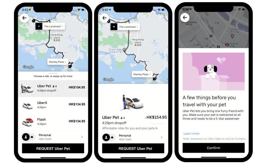 A screenshot of the Uber Pet service on various phone screens on the Uber app