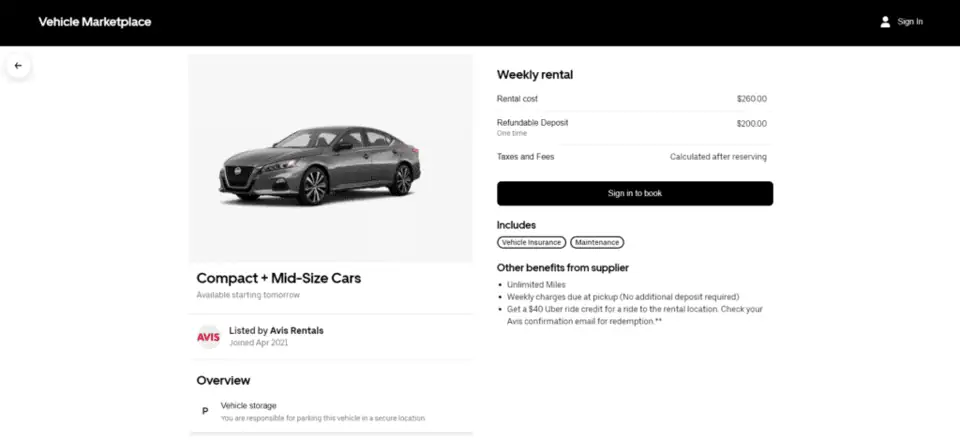 a screenshot of an Uber vehicle rental on the Uber vehicle marketplace