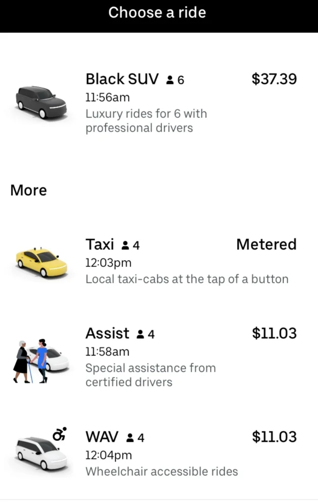 a screenshot of Uber WAV within the Uber app