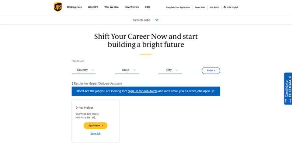 screenshot of UPS driver helper jobs on the UPS website