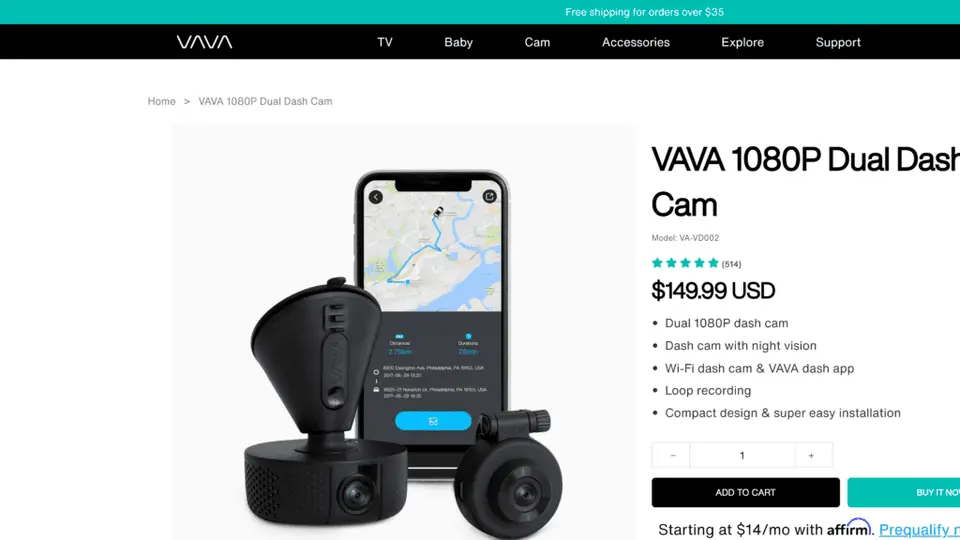A screenshot of the VaVa dual front and rear dash camera homepage