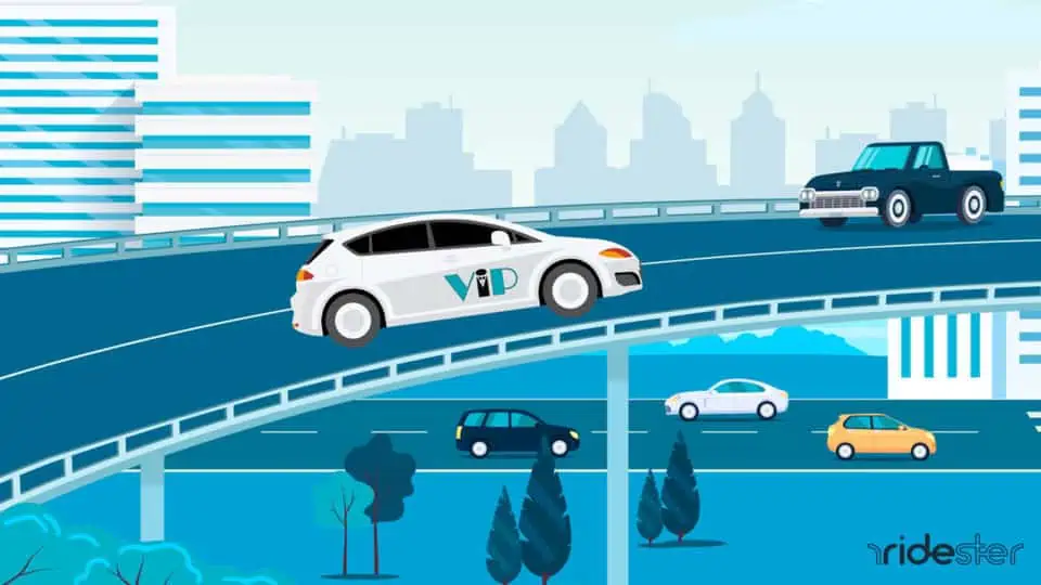 vector graphic showing an illustration of a VIP taxi driving down a road in a busy city