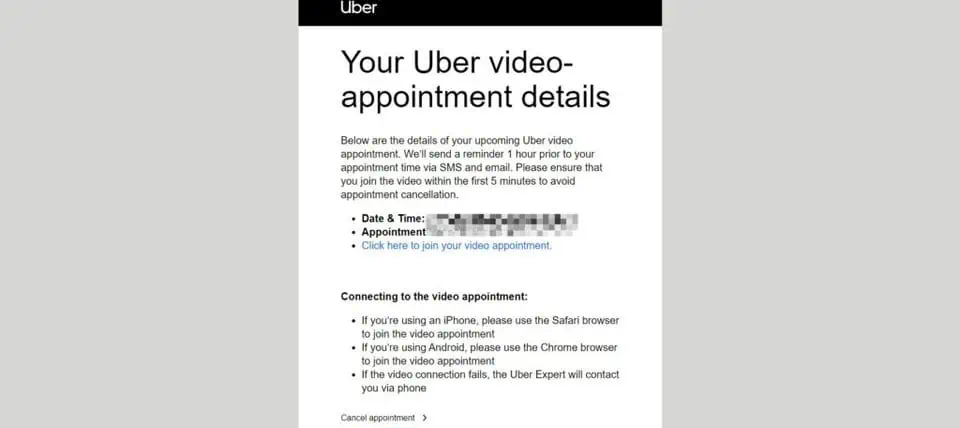 a screenshot showing a confirmation for an appointment at my local virtual uber greenlight hub