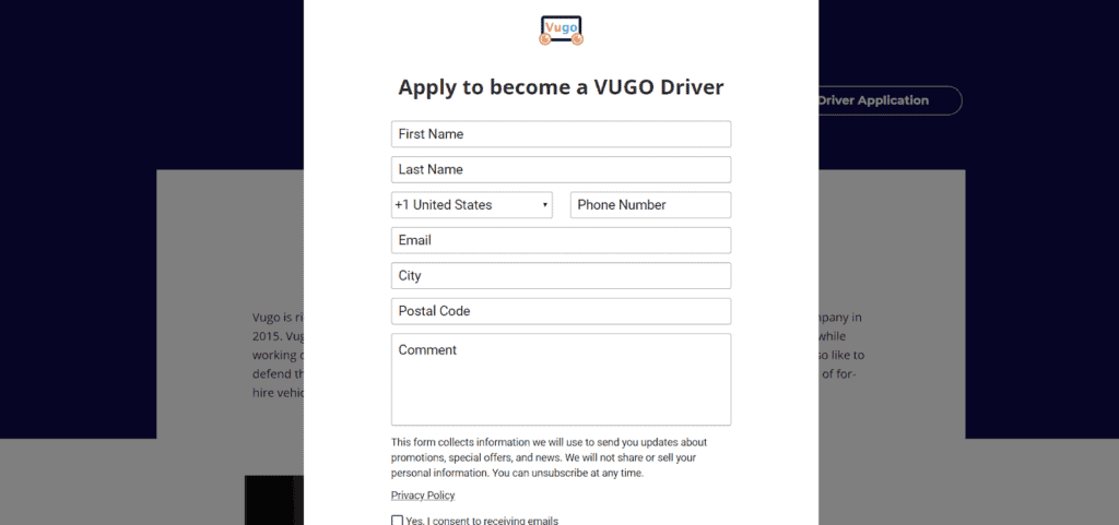 screenshot of the vugo driver sign up page