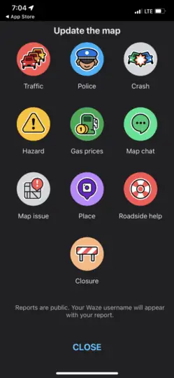 a screenshot showing the waze icons and traffic report symbols that users can select while driving