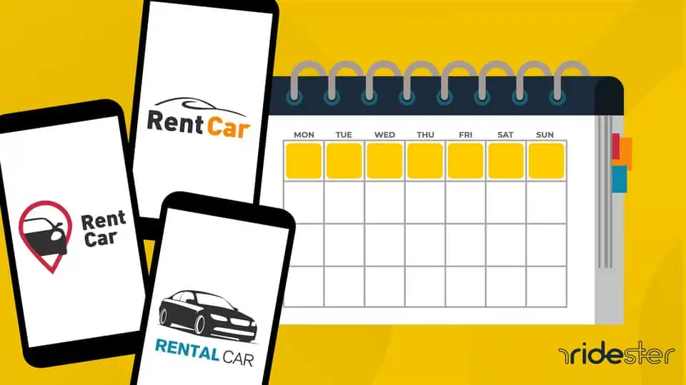 vector graphic showing a weekly car rental illustration - a calendar with weekly car rentals on multiple devices around it