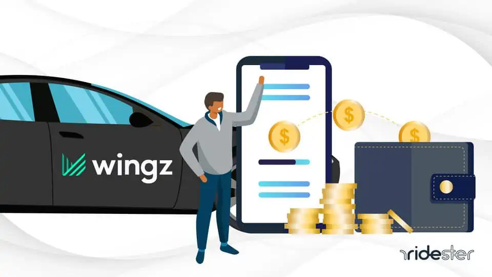 vector graphic showing a wingz rider saving money by using a wingz promo code on a ride - money coming out of a phone and going into a wallet